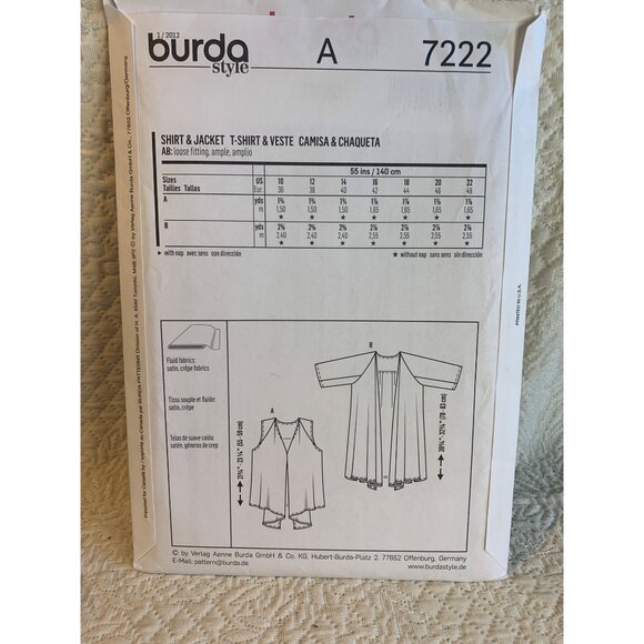 Burda Misses Shirt Jacket Sewing Pattern sz 10-22 7222 - uncut - Picture 5 of 9